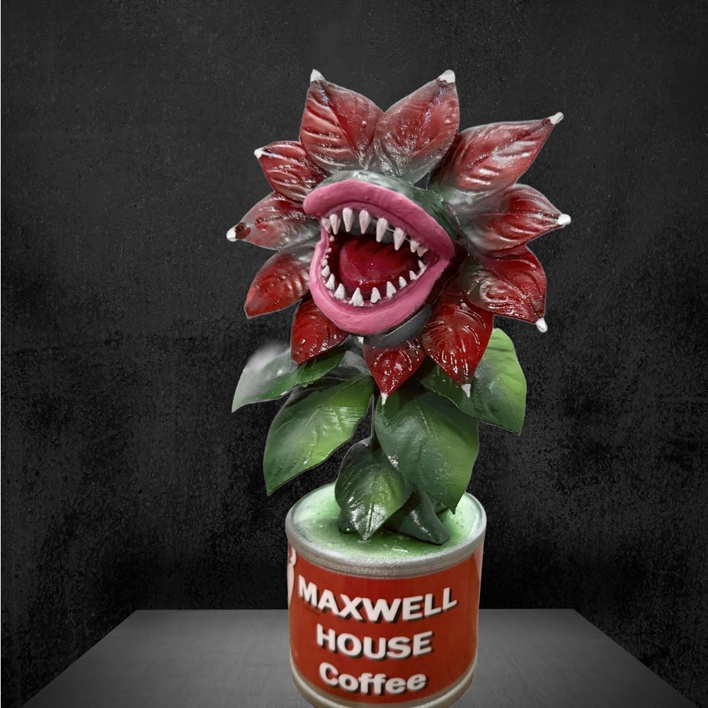 Red and Green Flower Sculpture in Maxwell House Coffee Can Audrey 2 Poinesettia